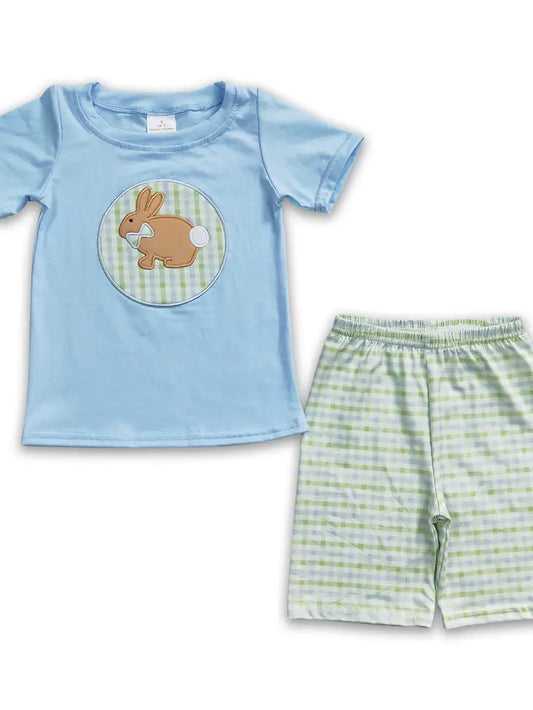 Rabbit Embroidery Cotton Shirt Plaid Shorts Boy Easter Outfit