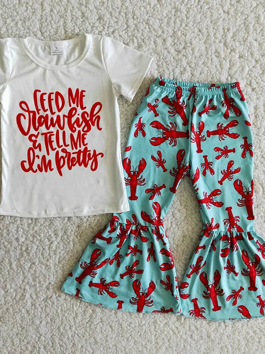Girl Crawfish Print Bell Bottom Pants Outfit